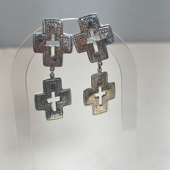 Jewelry - Sterling Silver 925 Thailand Double Cross Dangle Drop Earrings Stamped Etched